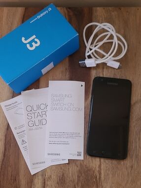 Samsung Black Galaxy J3 Smartphone with Box, Manuals and Charger